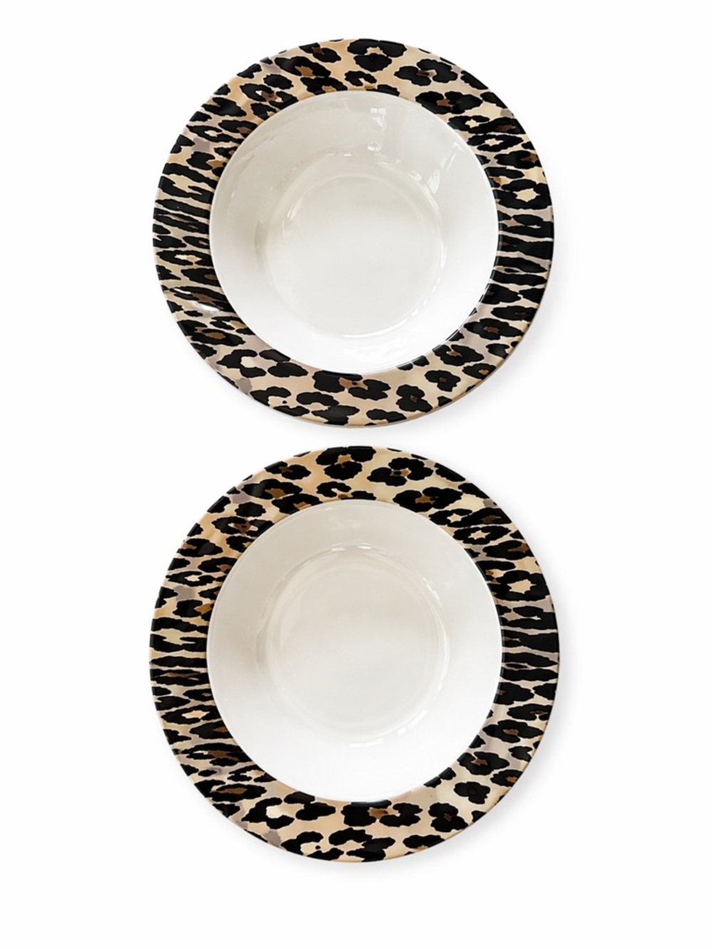 Nick & Nora Leopard Trim Ceramic Bowls in Black and Beige cheetah  2 soup bowls